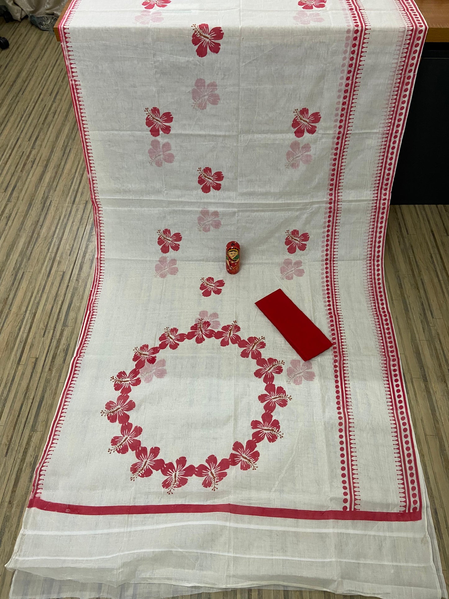 White red block print cotton saree Puja special