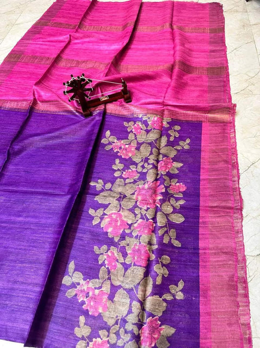 Flower motif Zari border Tussar silk Gicha printed saree - Tussar saree
