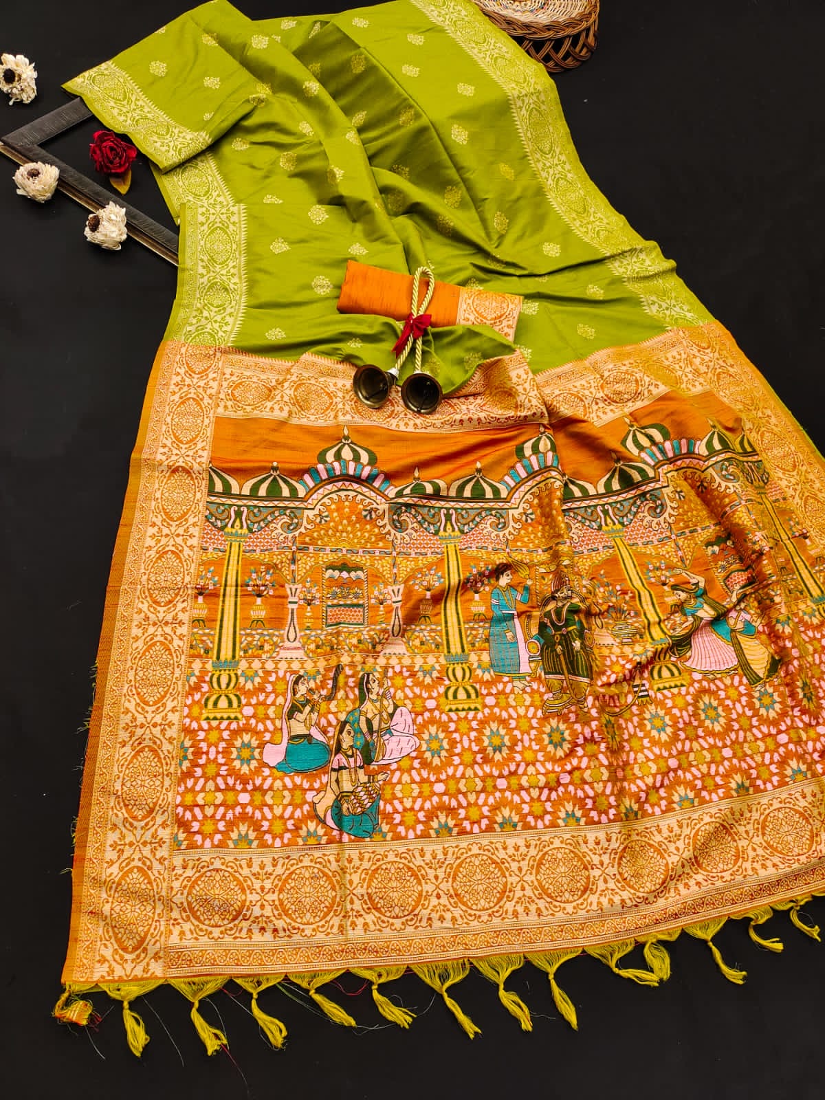 Raw silk saree in ancient motif anchol - Parrot