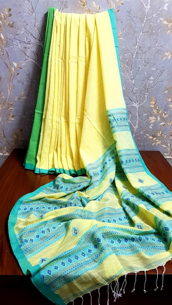 Khadi cotton jamdani saree of Bengal - Yellow - Jamdani saree