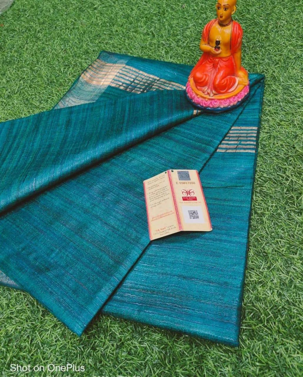 Single dye zari border gicha tussar silk saree silk mark certified - Firoza Royal - Tussar saree