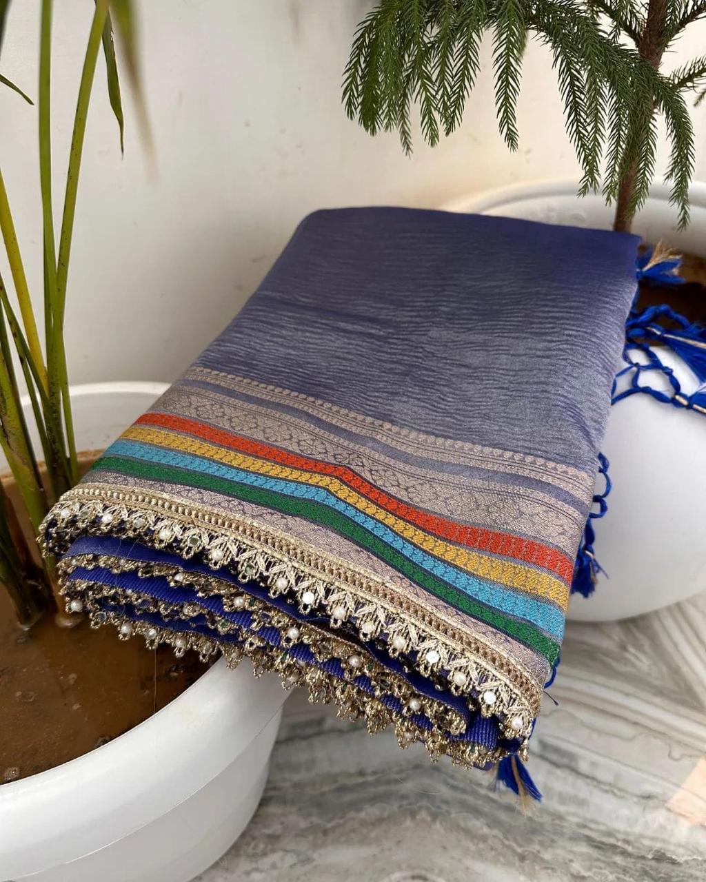 Banarasi crushed tissue multicoloured border - Blue