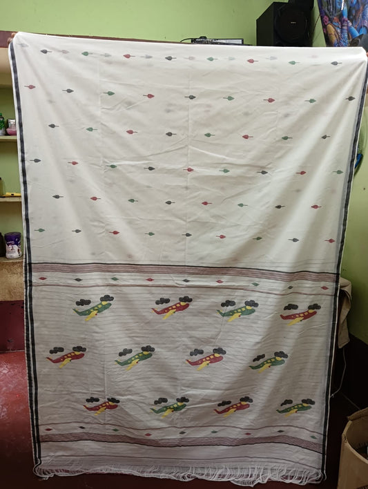 White Cotton jamdani saree flight plan - Cotton jamdani