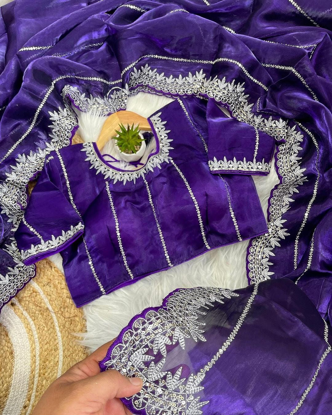 Jimmy choo stone saree with stitched blouse - Violet - Jimmy