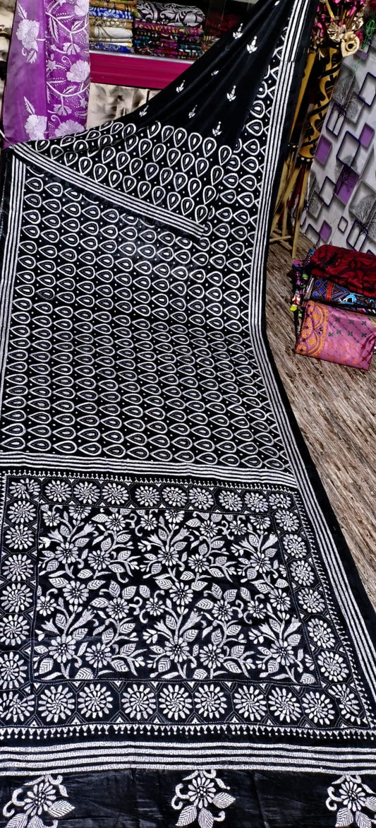 Black  kantha stitch saree on blended Bangalore silk