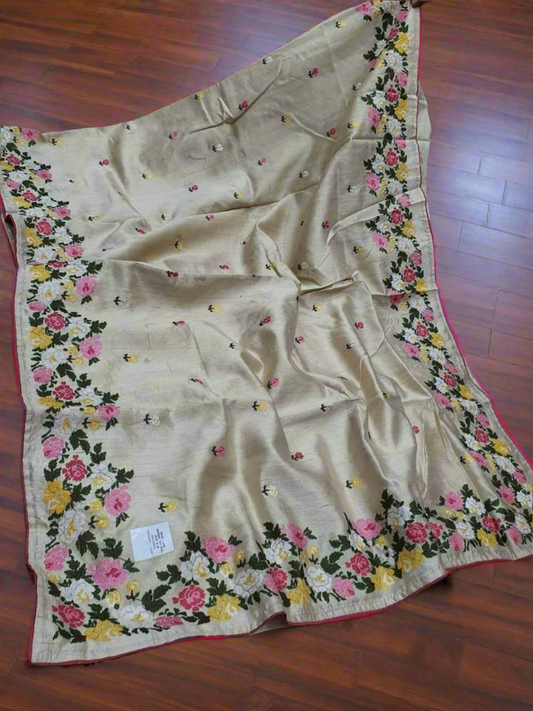 Parsi embroidery on desi tussar silk saree , silk mark certified