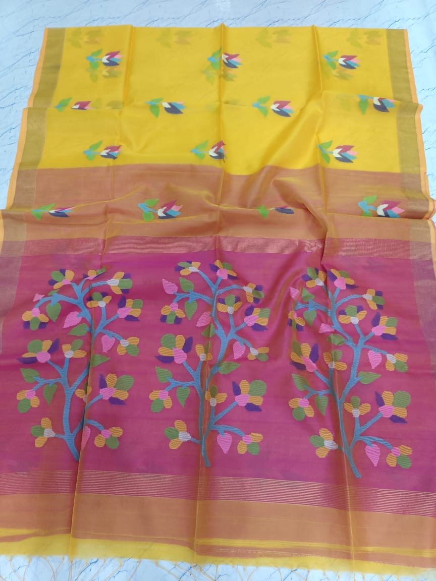 Bengal muslin jamdani saree yellow rani