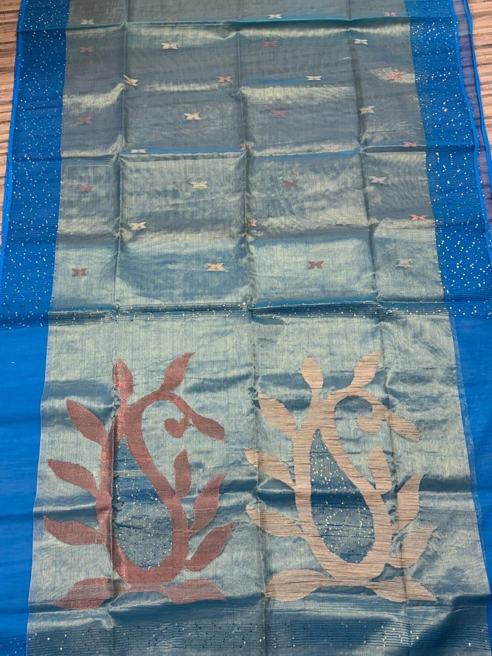 Tissue muslin jamdani saree - Teal blue
