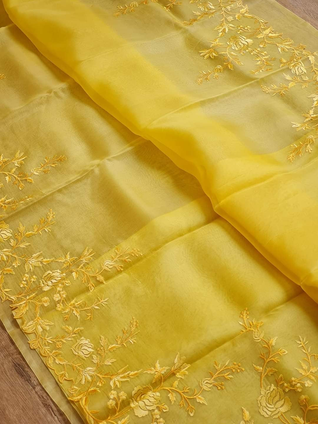 Organza saree with embroidery work - Yellow - organza