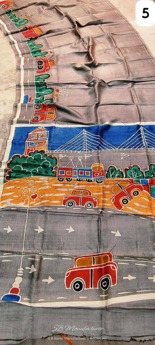 Pure Murshidabad silk saree with hand batik and silk mark certified