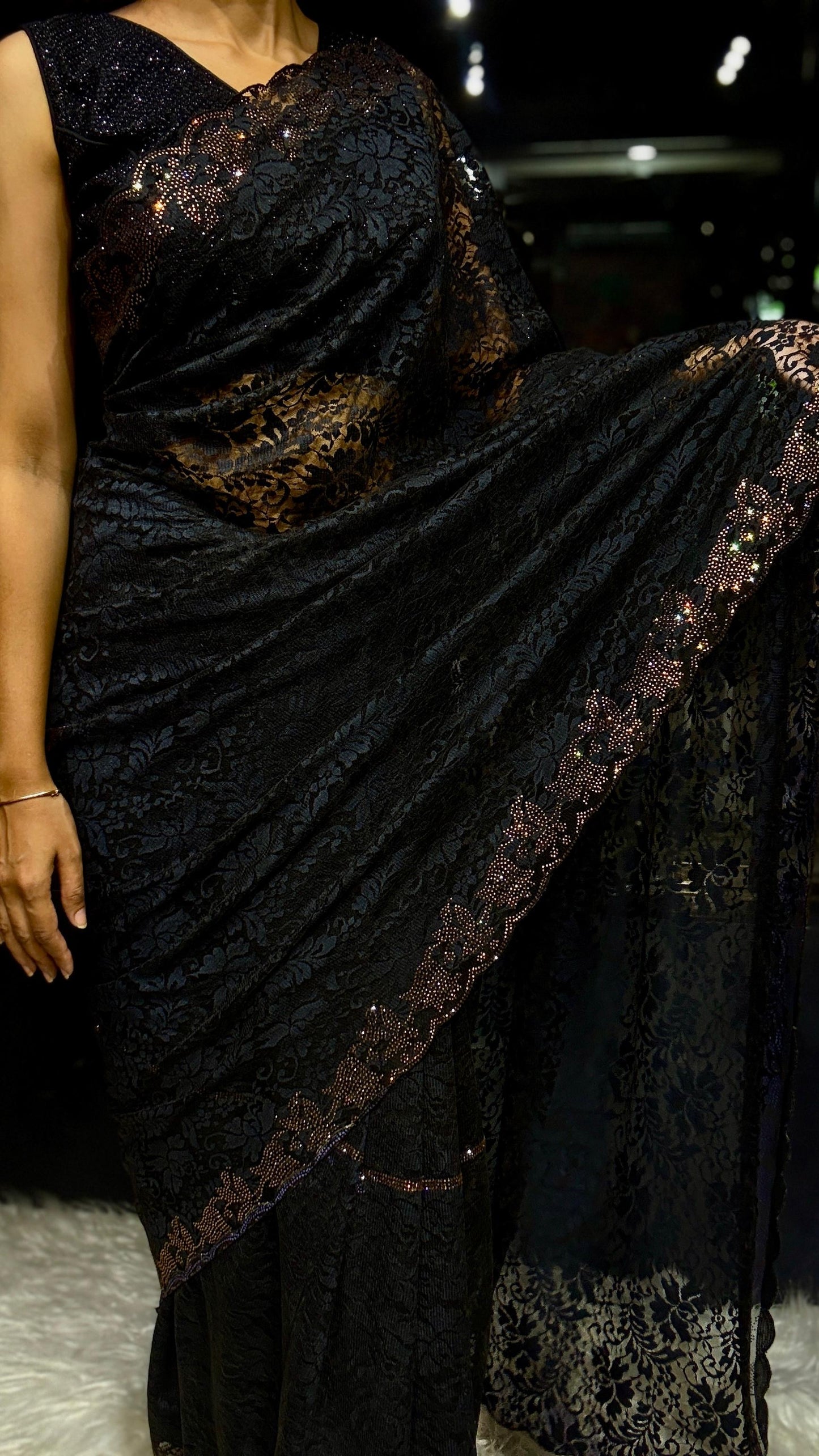Black Coloured Lace Saree with Scallop Border