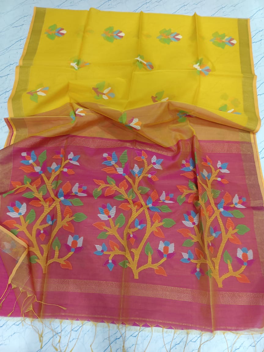 Bengal muslin jamdani saree yellow rani