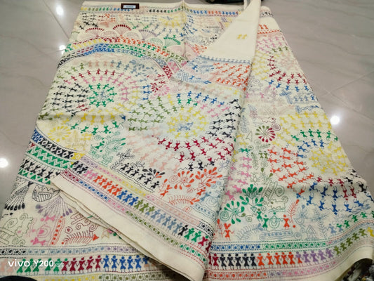 Silk Marked Kantha Stitch Saree on Tussar Silk