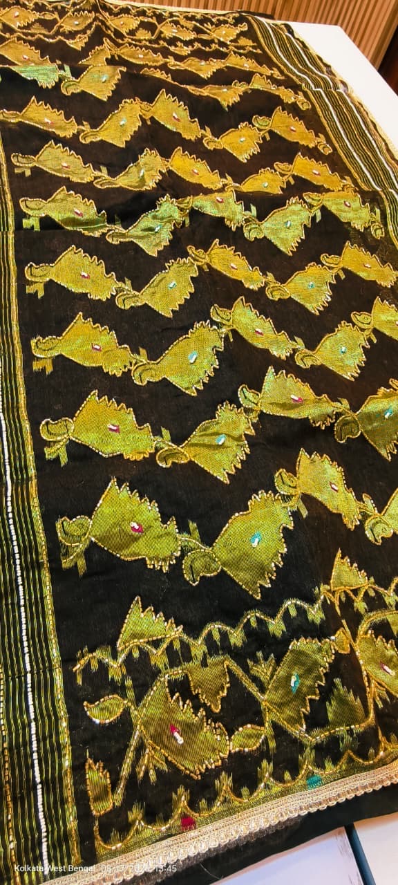 Black Handmade karchupi work on mercerised cotton jamdani saree