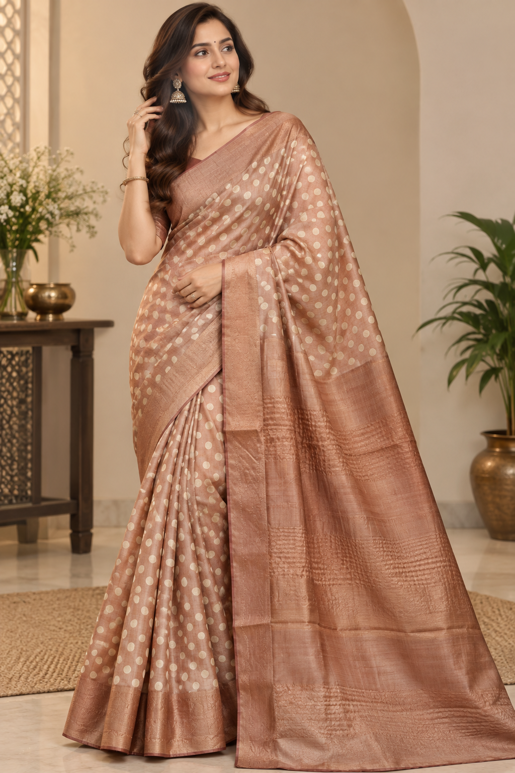 Polka dot cream brown Tussar gicha silk saree, silk mark certified