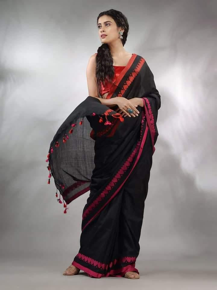 Bridal red Khadi cotton saree love weaving on border buy online - black - cotton