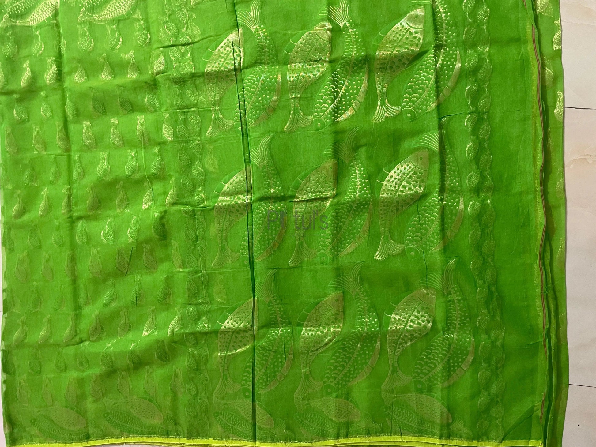 Resham Dhakai jamdani saree fish motif of golden work Putul's Fashion