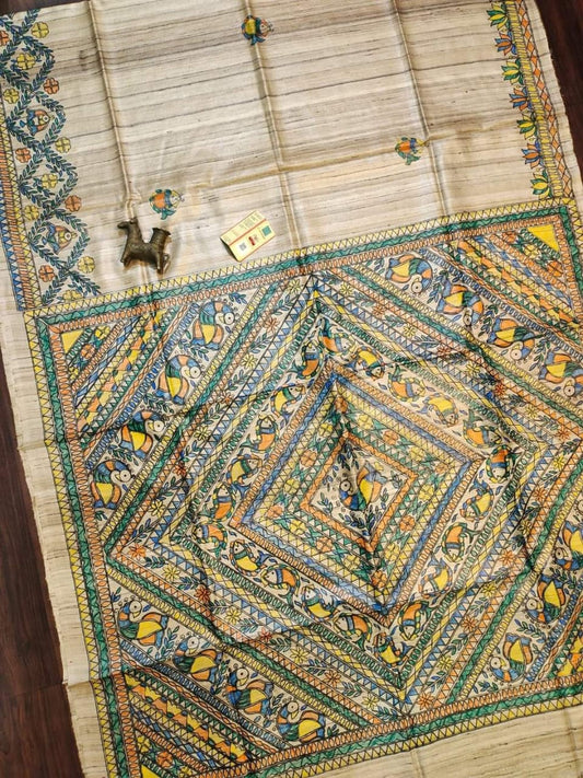 Madhubani hand paint on tussar gicha saree from bhagalpur silk mark certified - Tussar saree