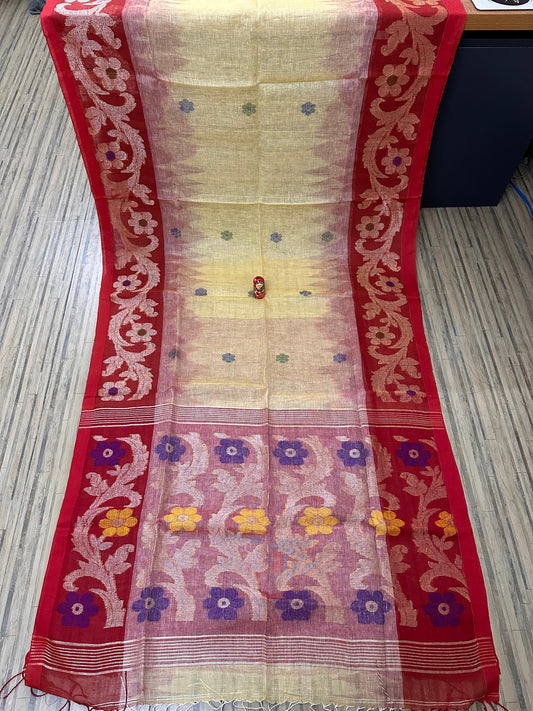 Yellow coloured kolka linen jamdani saree - Linen Saree