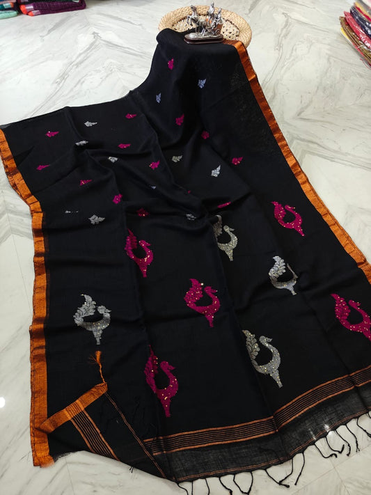 Linen jamdani saree peacock motif