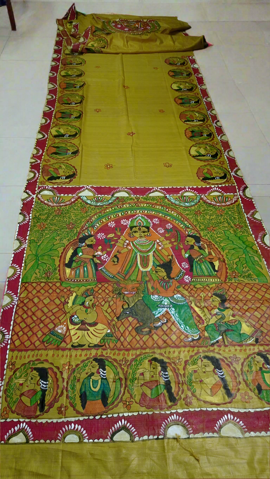 Madhubani hand painting on desi tussar silk saree silk mark certified maa durga theme - Tussar saree