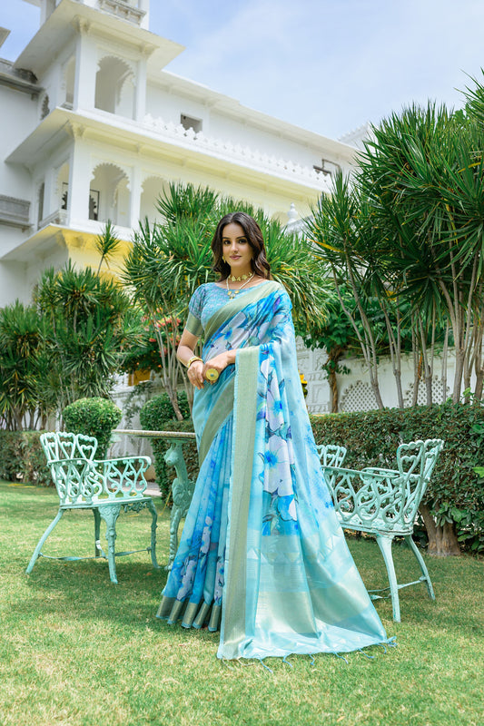 Linen zari border saree - 🌌 sky - Linen Saree