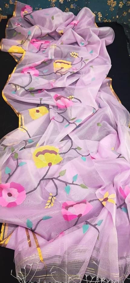 Handweaving muslin jamdani saree of Bengal - Pink - muslin saree