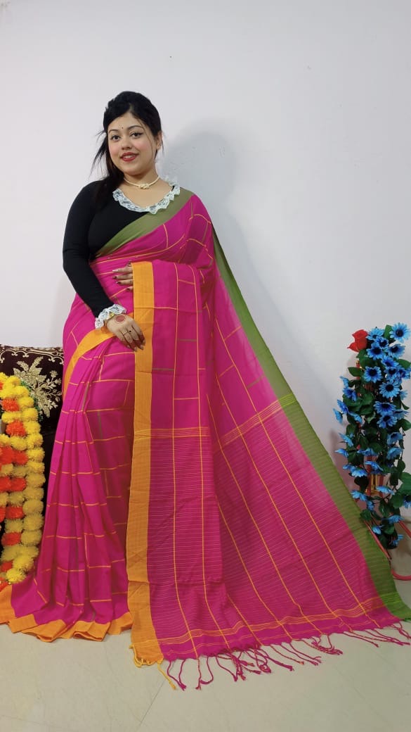 Pink coloured Khadi cotton - Pink - saree