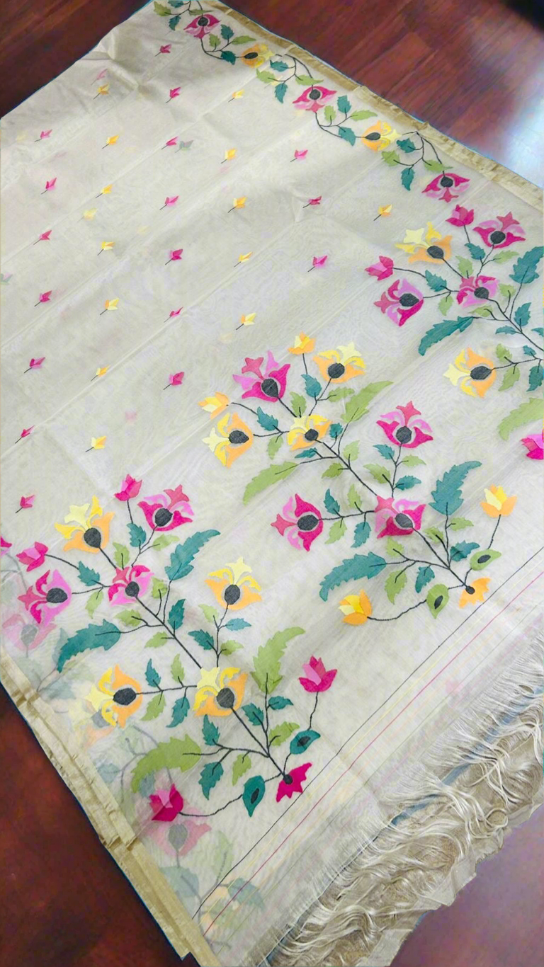 Muslin tantuj hand weaving jamdani saree white - Tantuj muslin