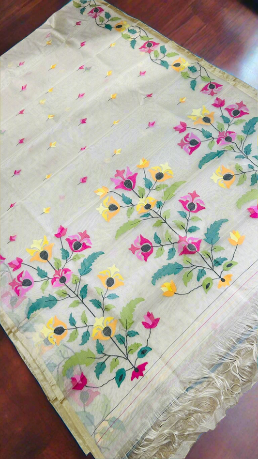 Muslin tantuj hand weaving jamdani saree white - Tantuj muslin