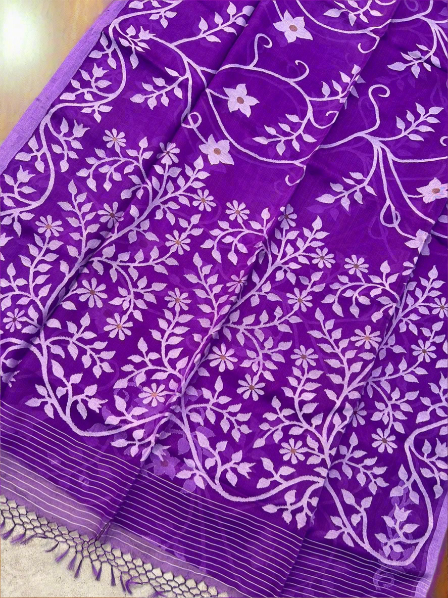 Brinjal violet Muslin Tantuj jamdani saree from Bengal