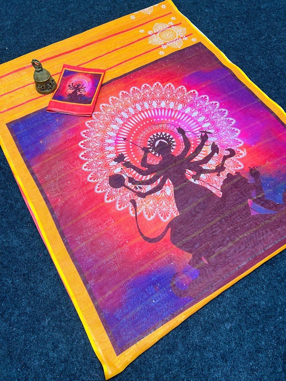 Linen Digital Print Saree puja motif - Doshobhuja