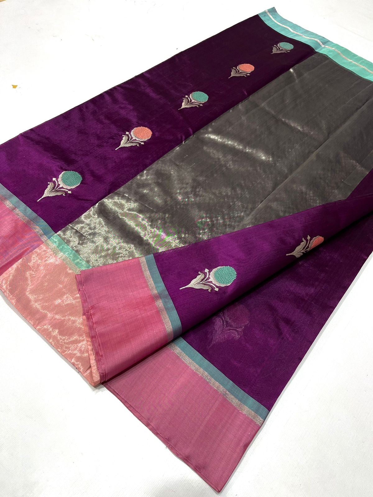 Wine coloured Kerala Pattu Tissue Saree with minakari kadwa butta Resham border and zari pallu