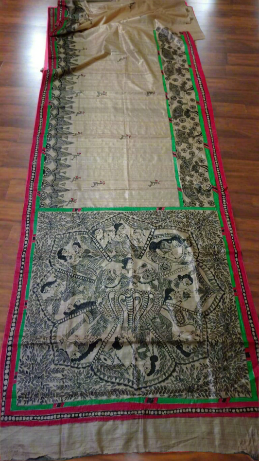 Madhubani hand painting on desi tussar silk saree silk mark certified