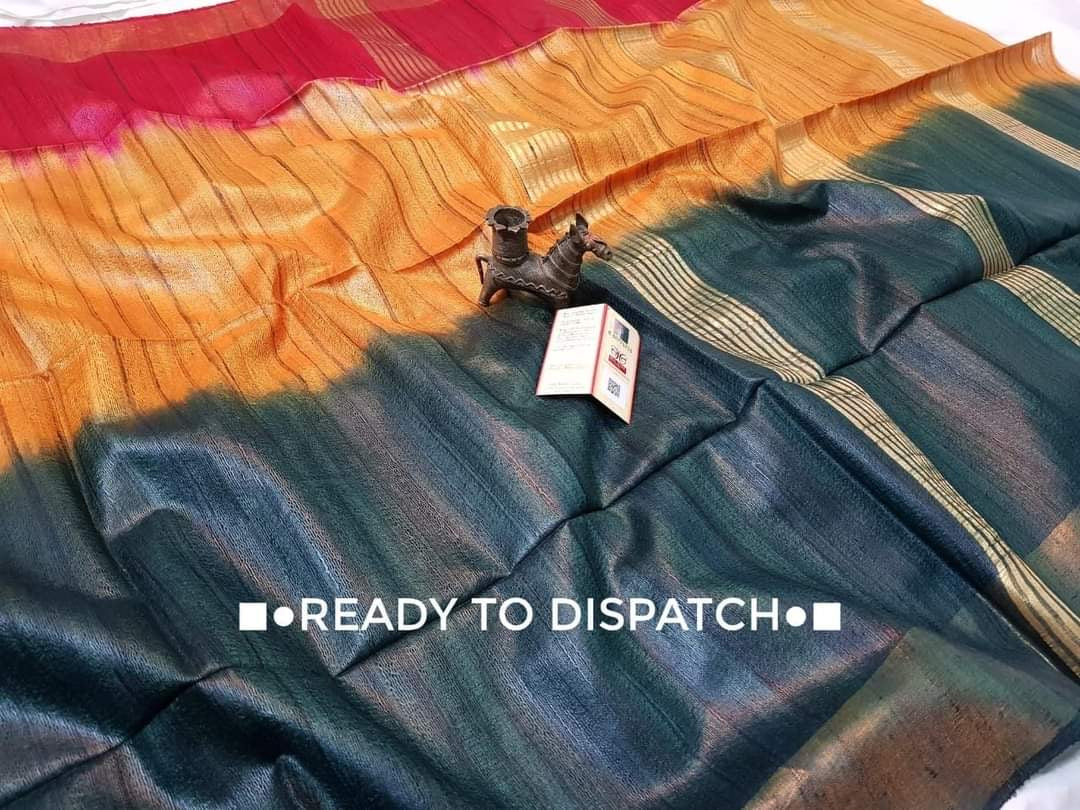 3D tussar Gicha silk saree with silkmark zari border - Red orange black - Tussar saree