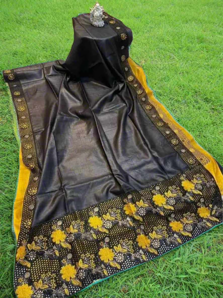 Cutwork border embroidery tussar silk saree silk mark certified - Black