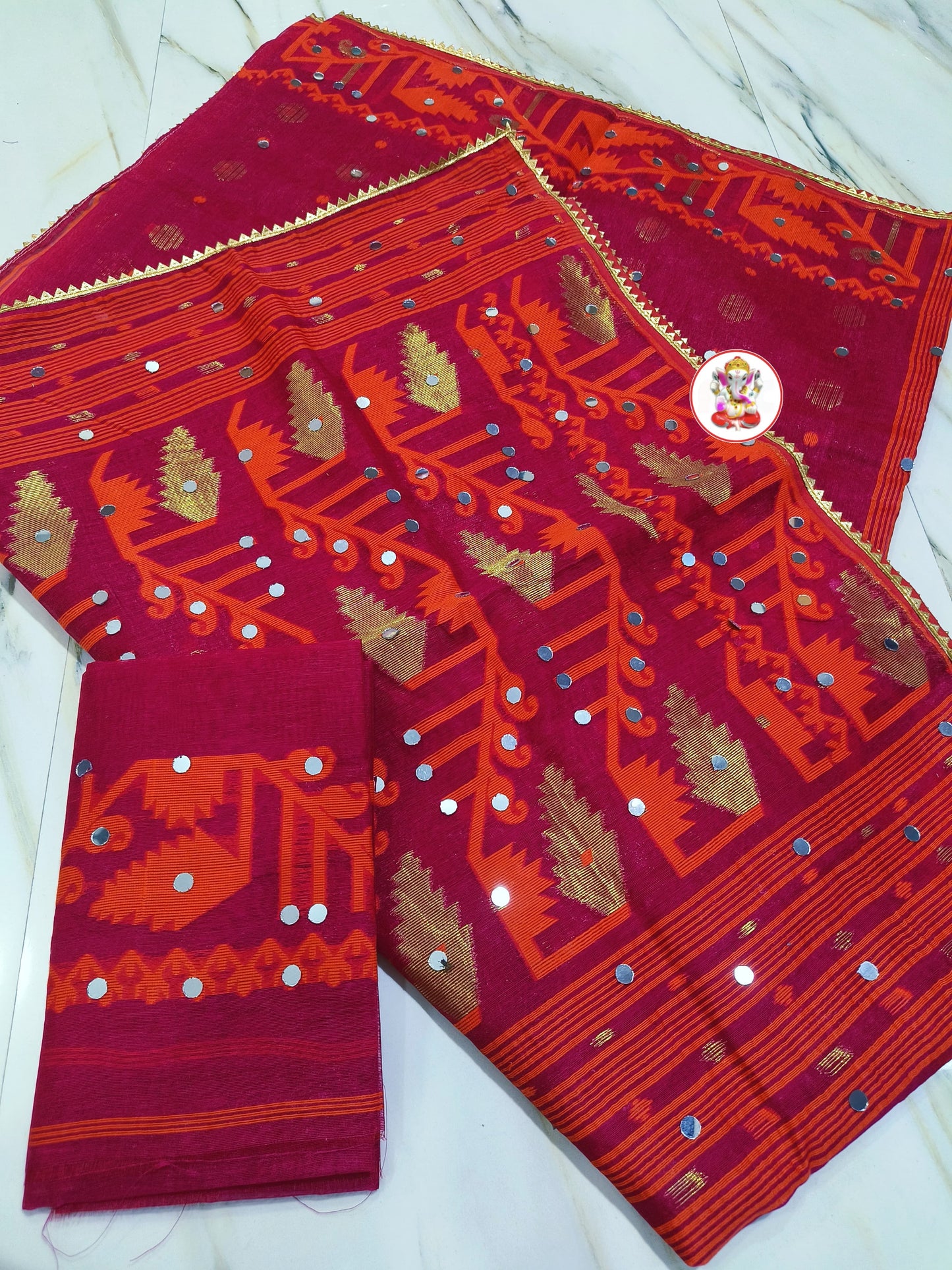 Mirror Work Jamdani Saree with Blouse Piece