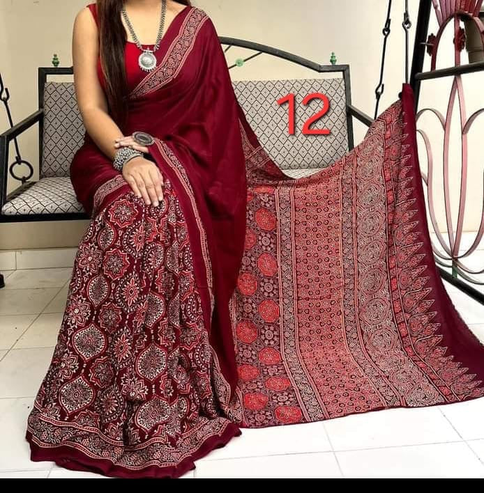 Modal silk saree with ajrakh print