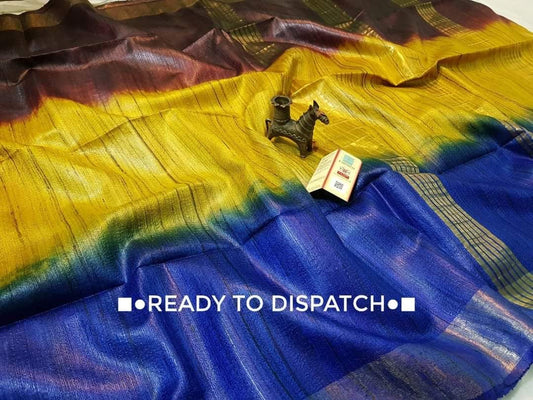 3D tussar Gicha silk saree with silkmark zari border - Brown yellow blue - Tussar saree