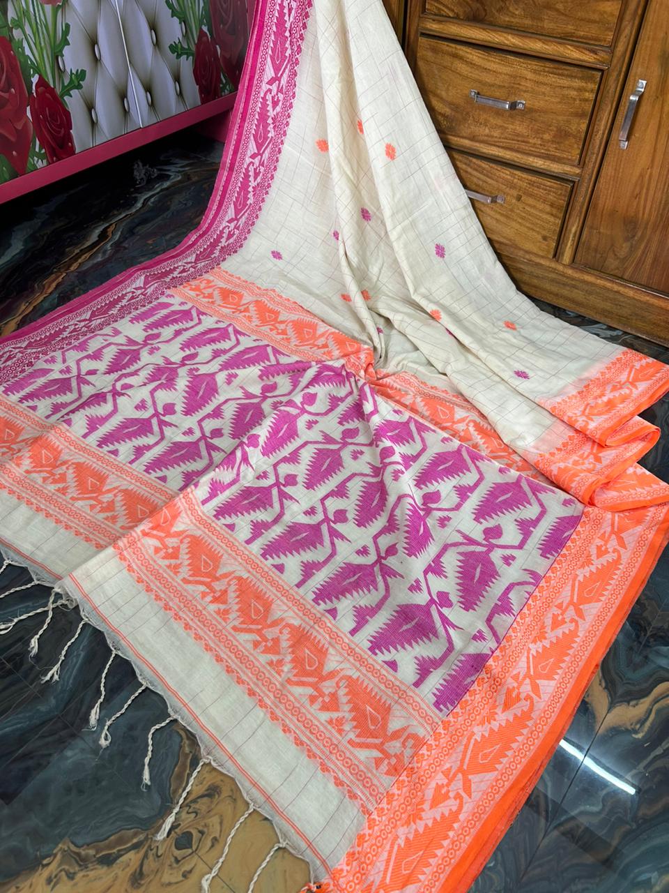 Cotton ikkat jamdani saree of Bengal