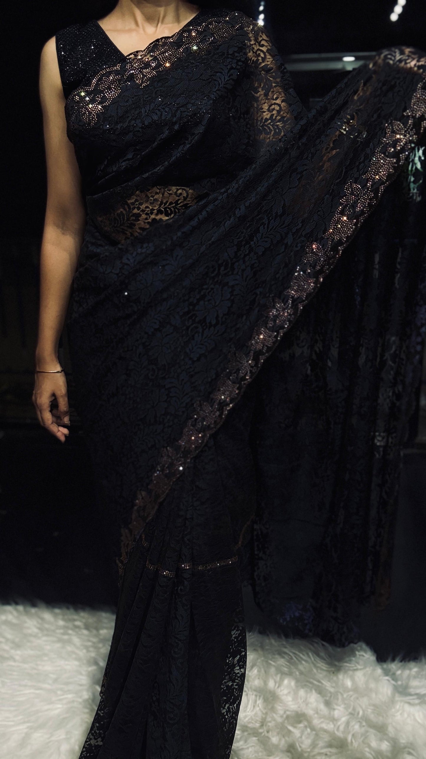 Black Coloured Lace Saree with Scallop Border