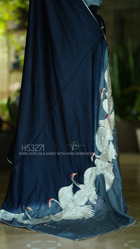 Parsi Gara Embroidery Satin Silk Saree