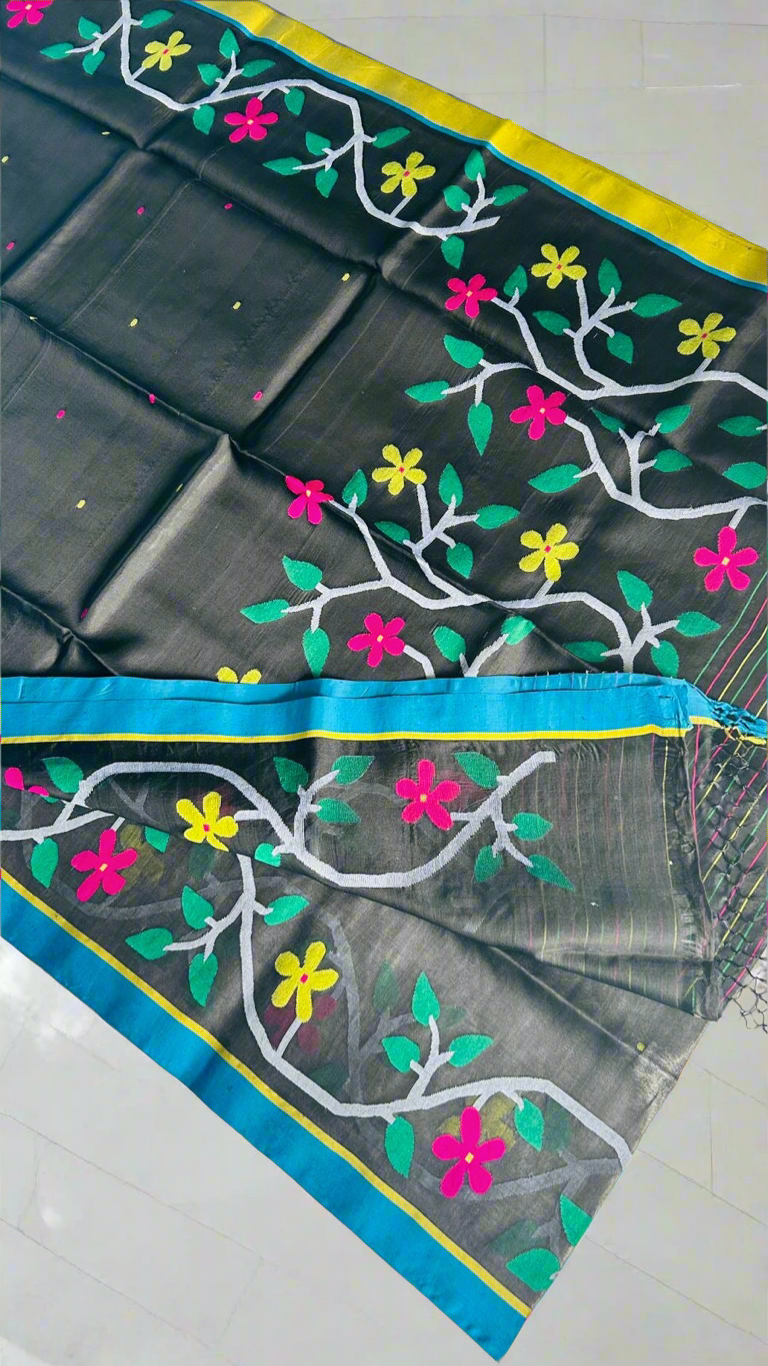 Muslin Tantuj jamdani saree from Bengal Black - Black - Tantuj muslin