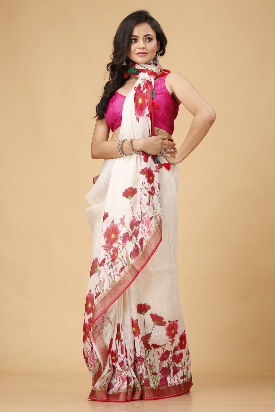 Linen saree digital print original quality - Linen Saree
