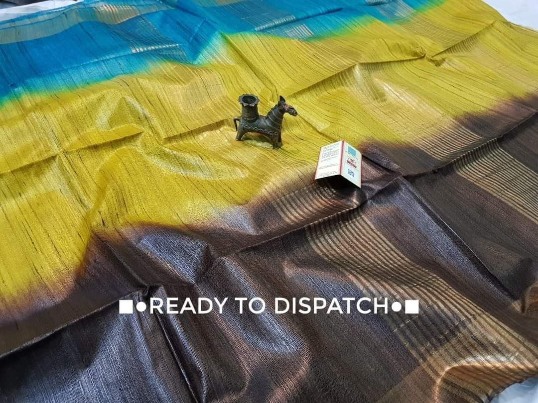 3D tussar Gicha silk saree with silkmark zari border - Sky yellow brown - Tussar saree
