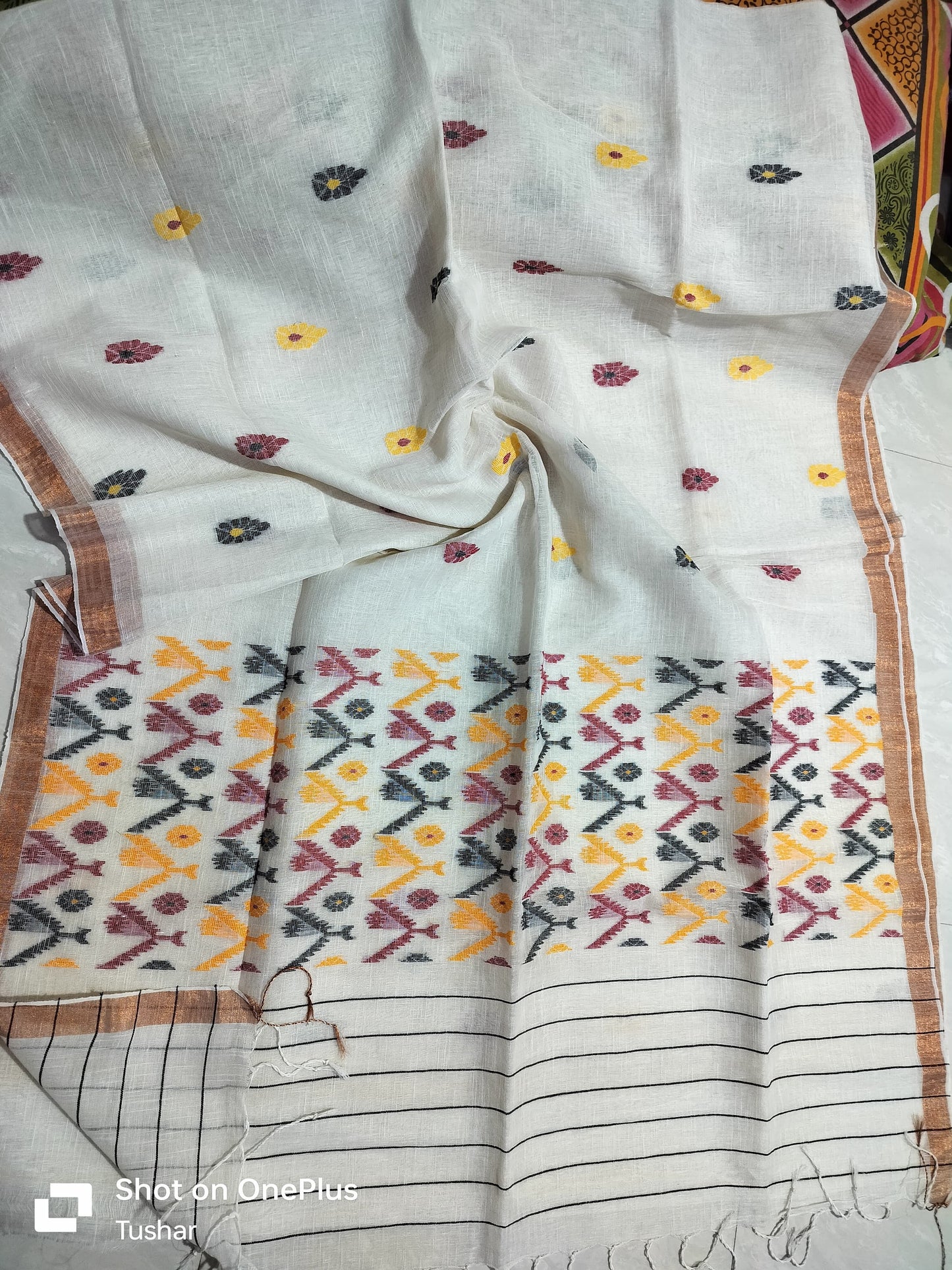 Linen jamdani saree of Puja - White