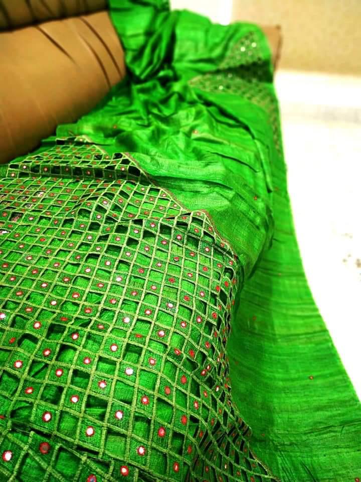 Cutwork and mirror work on tussar silk saree, silk mark certified