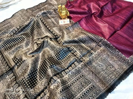 Madhubani screen print tussar Gicha saree Putul's Fashion