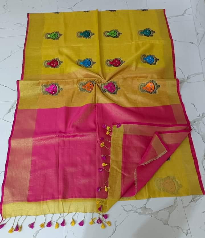 Tissue linen embroidery saree - Yellow