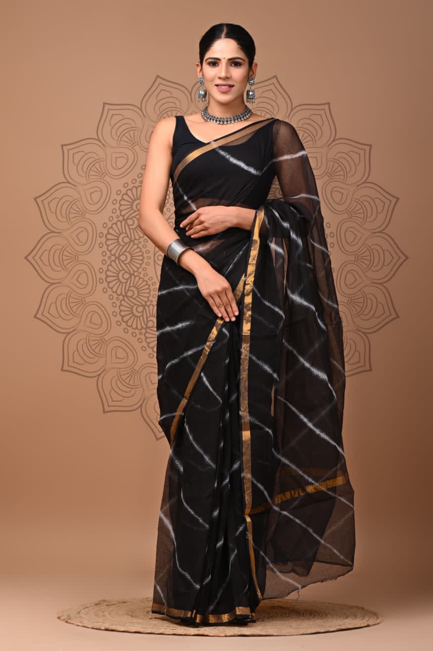 Cotton kota doria saree black